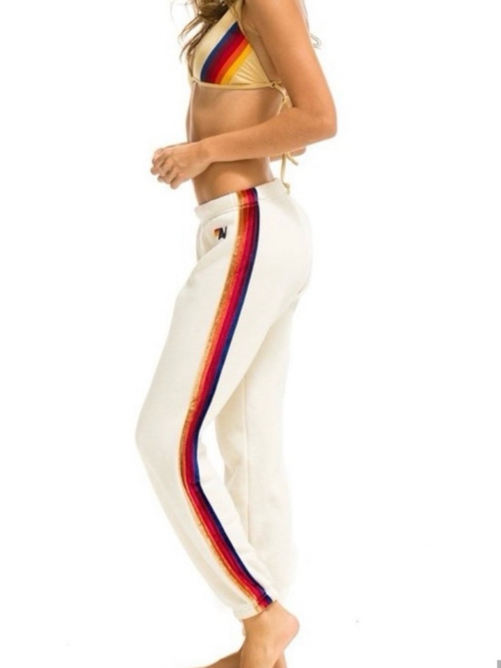 Aviator Nation Cream Track Pants with Rainbow Side Stripe